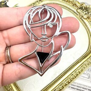 Vintage JJ Jonette Silver Tone Openwork Lady Woman Face Brooch Pin